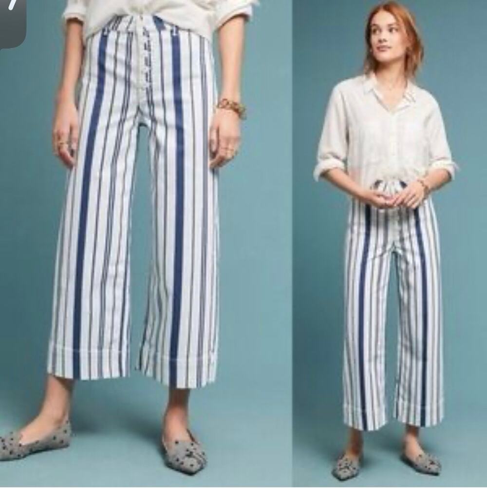 Anthropologie Capitaine Striped Wide Leg Pants 4P Petite Blue White Cropped